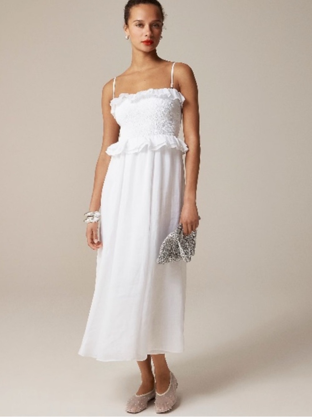 NEW J.Crew Ravenna White Ramie Smocked Midi Dress Size L Beach Vacation